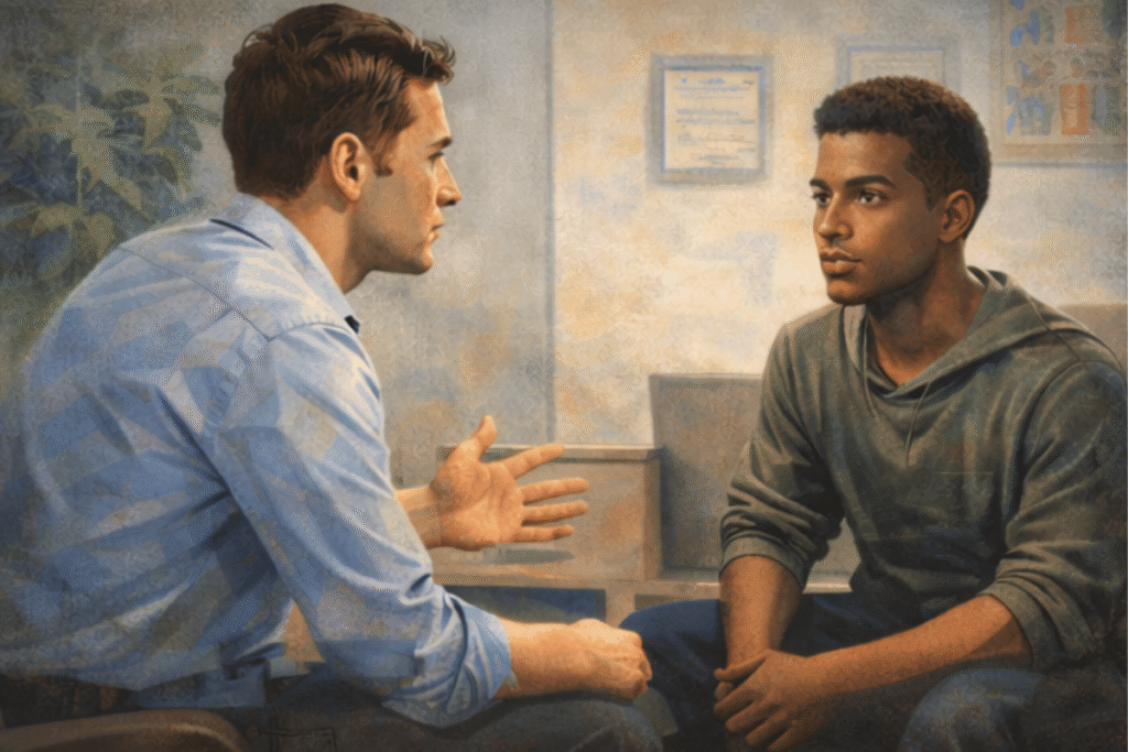 Teen participating in first-time drug offender education counseling session