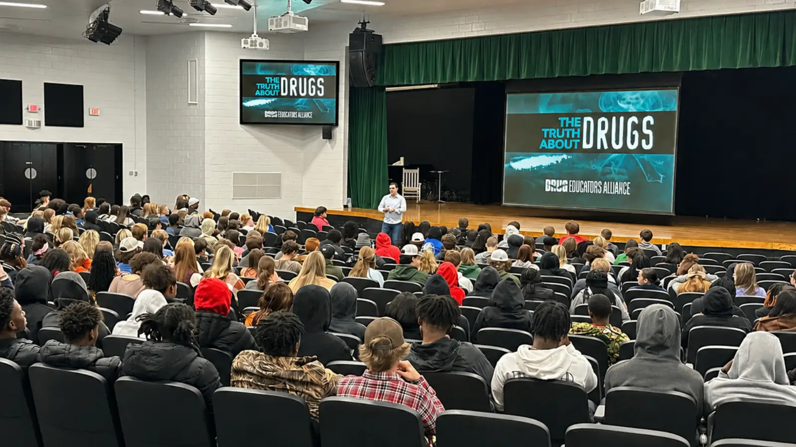 Drug education presentation in a large auditorium
