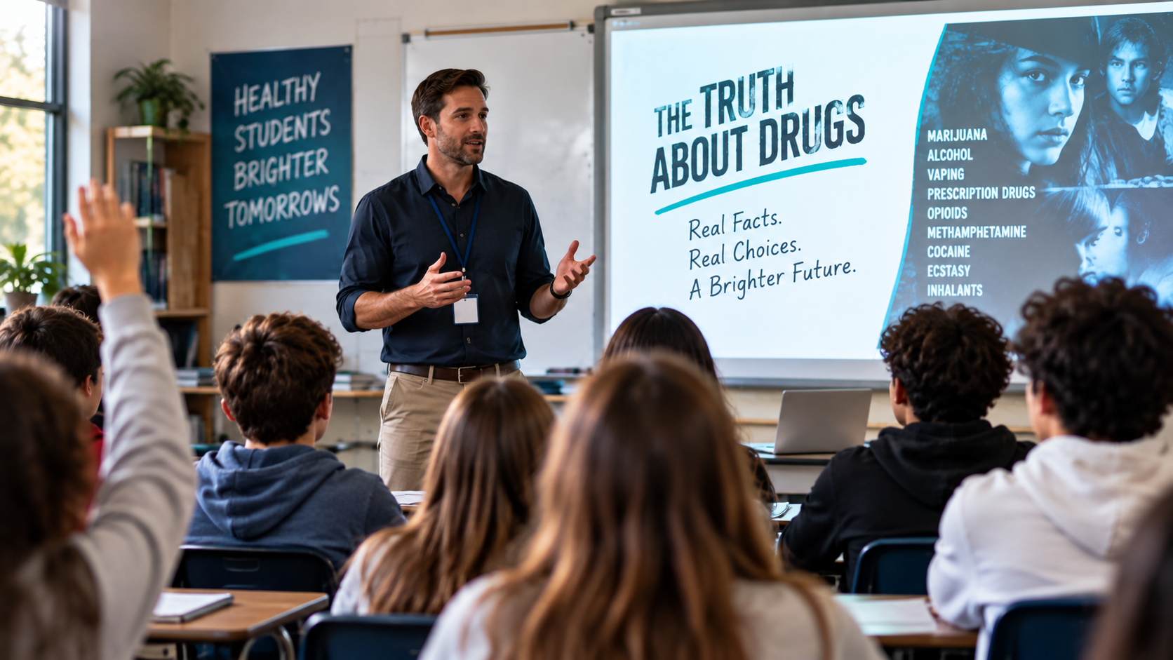 Drug education presentation for students in a classroom