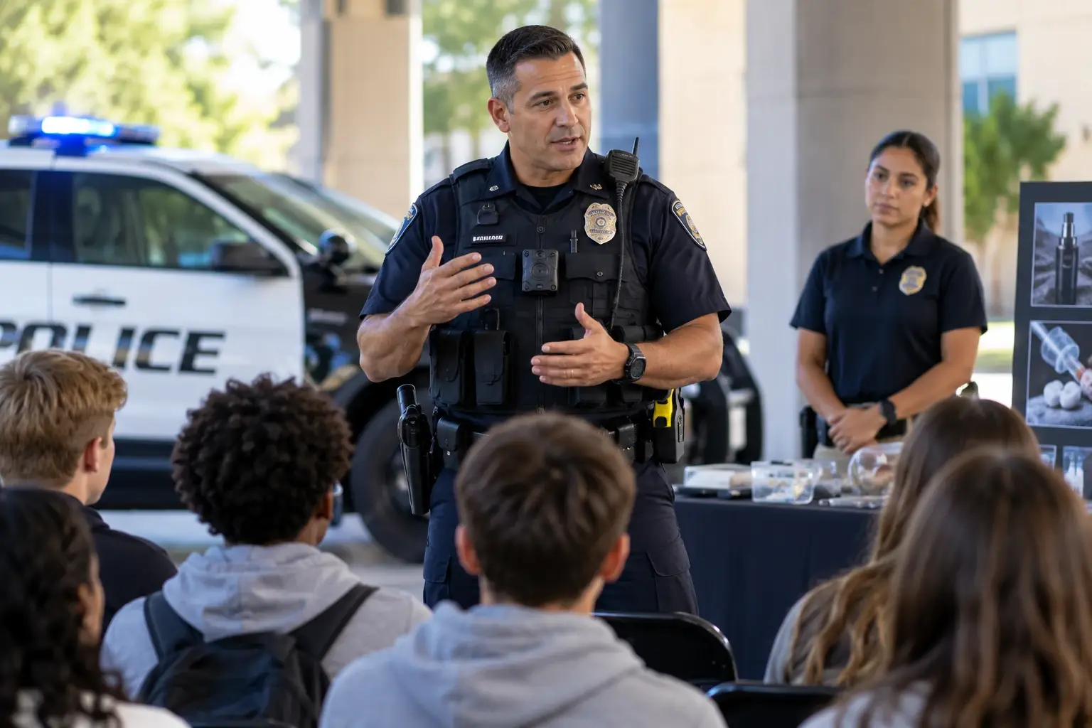 Law enforcement officer participating in community drug education