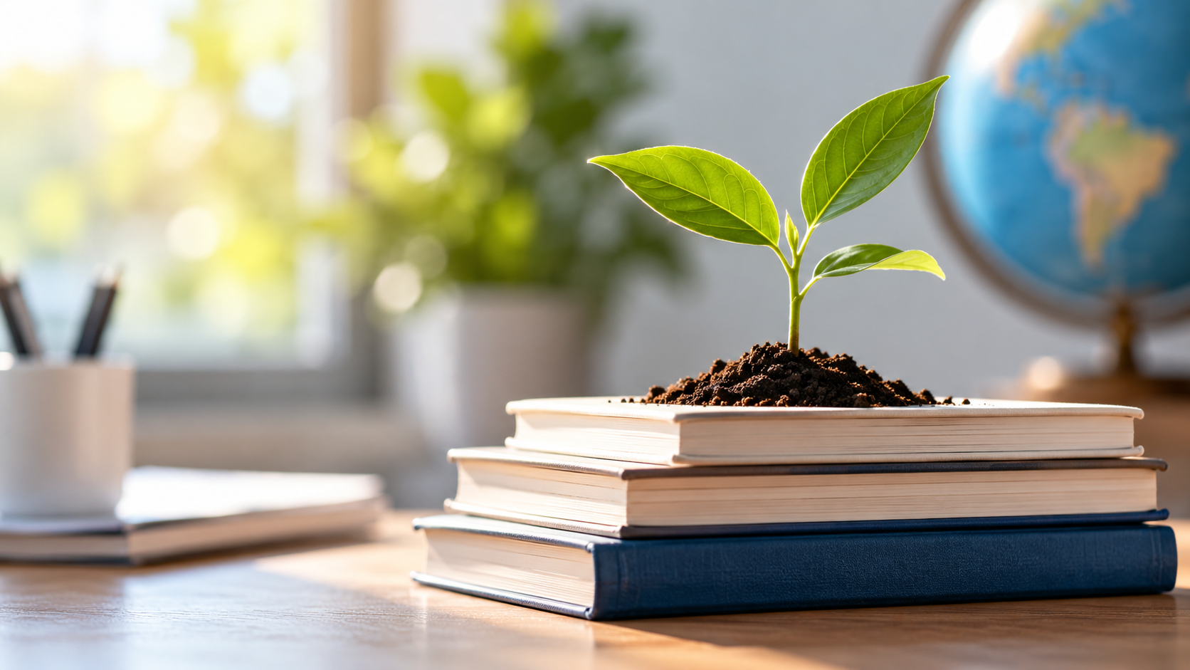 Young plant growing from books representing education and long-term growth
