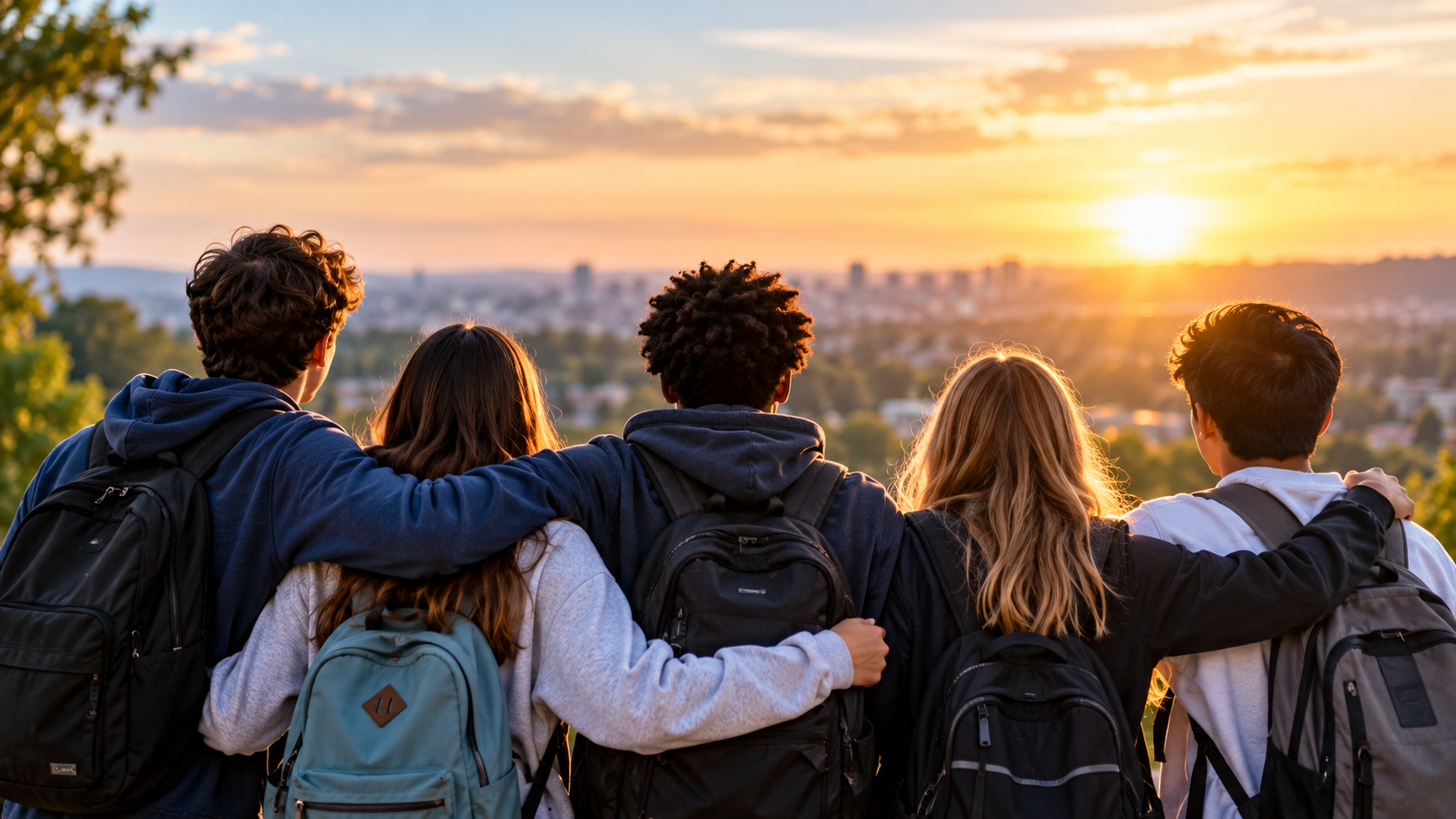 Young people together overlooking a community