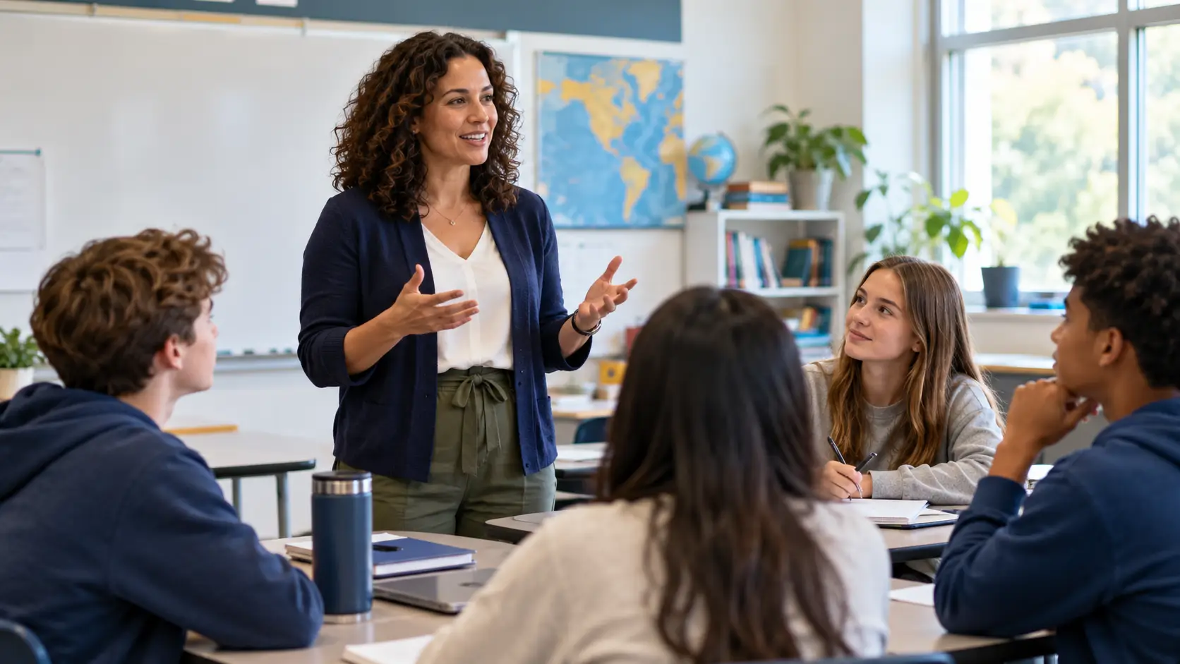 Teacher leading a classroom discussion with high school students