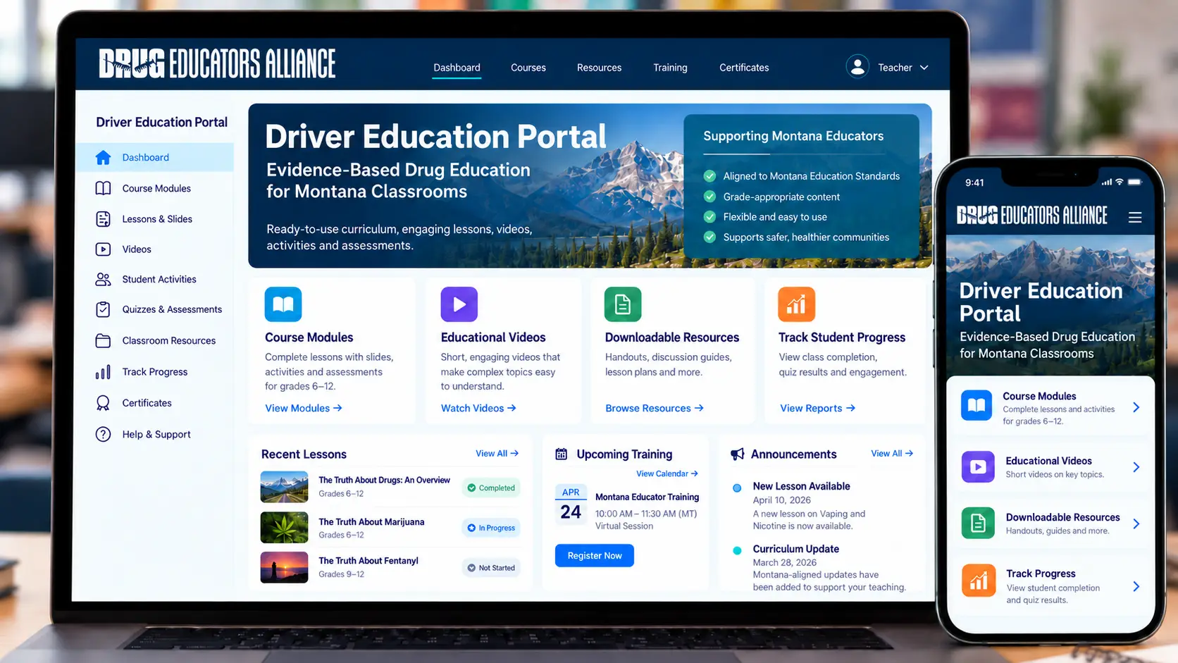 Drug Educators Alliance Driver Education Portal shown on a laptop and phone