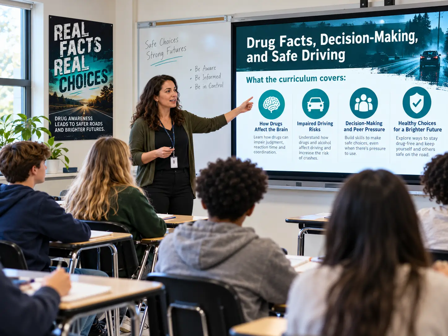 A teacher points to a slide on drug facts, decision-making and safe driving while high school students watch