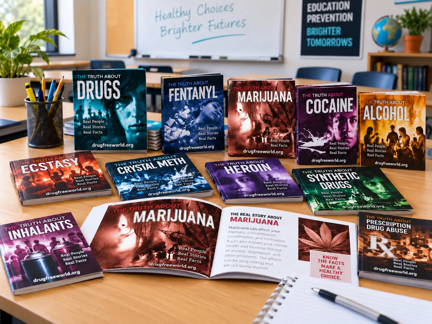 Truth About Drugs booklets on a classroom table covering alcohol, marijuana, fentanyl and other drugs