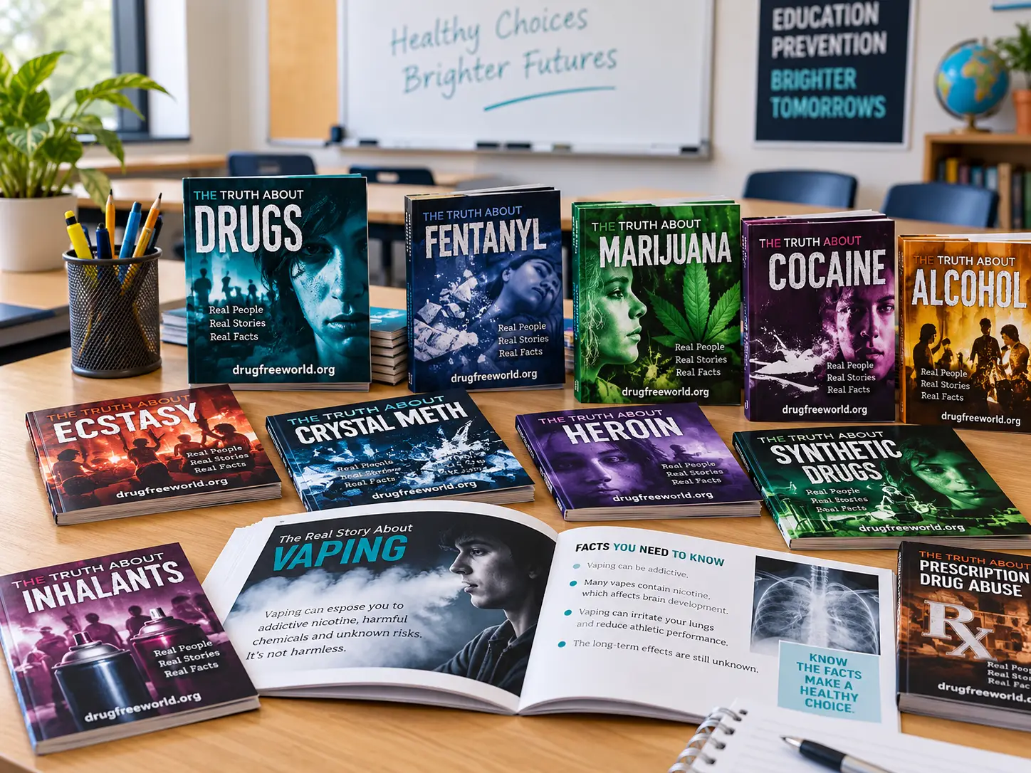 Truth About Drugs booklets on a classroom table covering alcohol, marijuana, fentanyl and other drugs