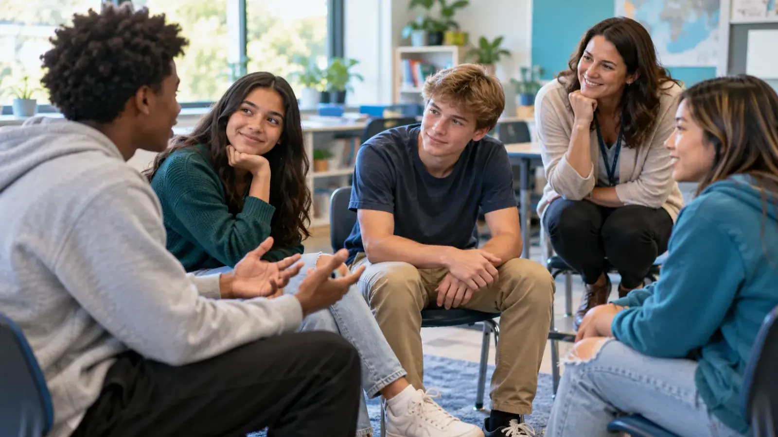 Students in a small-group discussion during an interactive drug education lesson